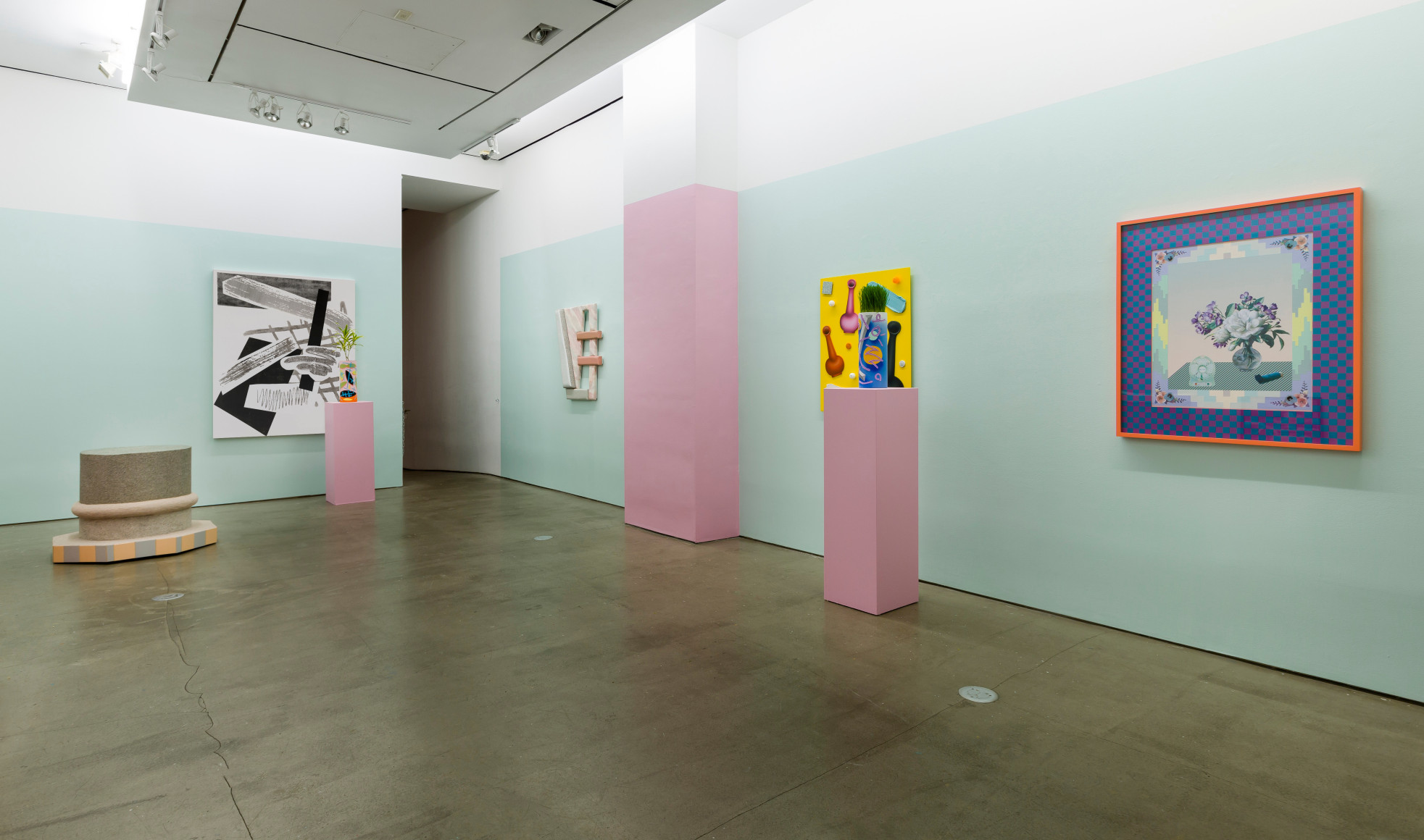 Installation of artworks in "Elysian Redux". Paintings and sculpture