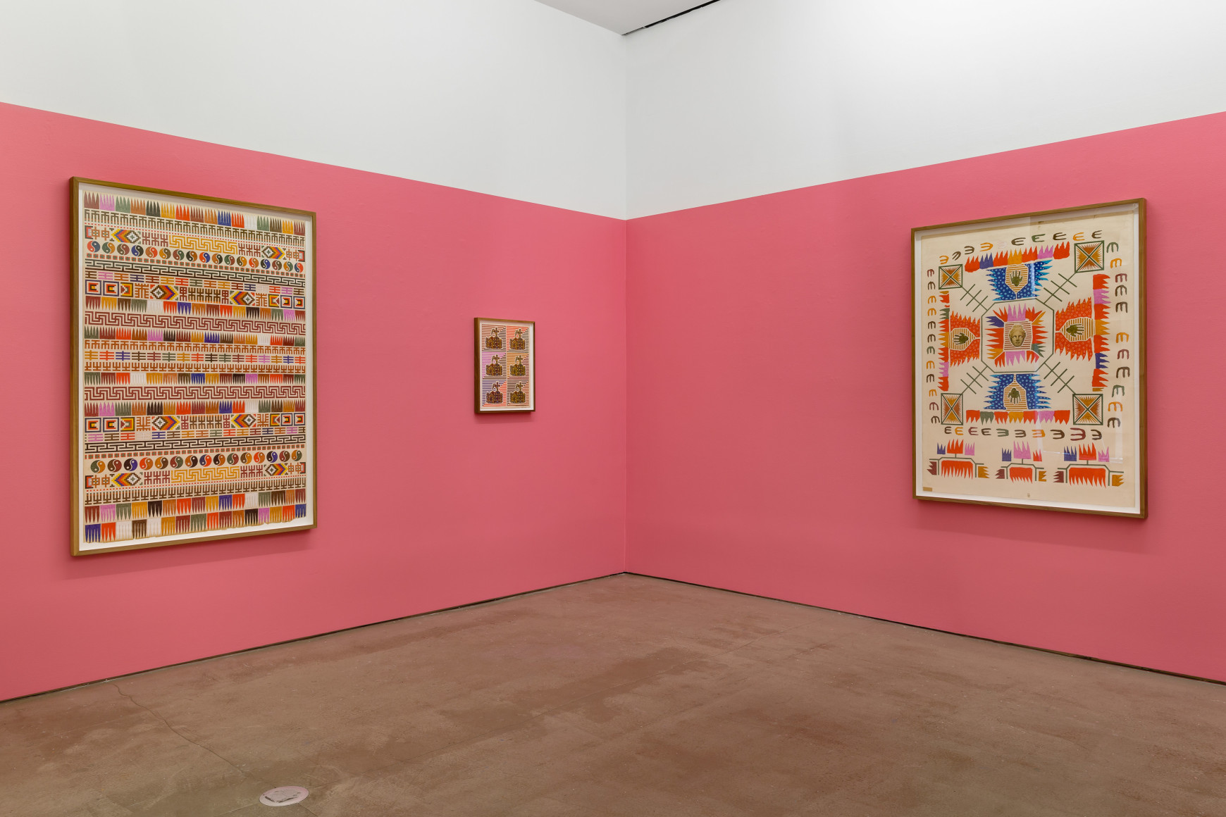 An installation view of Matthew Craven's solo exhibition, in which large and small framed collage pieces are hung on the gallery walls.