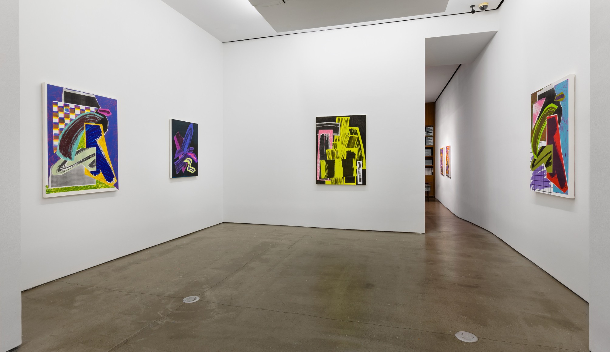 Installation view of paintings by Shane Walsh. Abstract paintings are hung in the gallery.