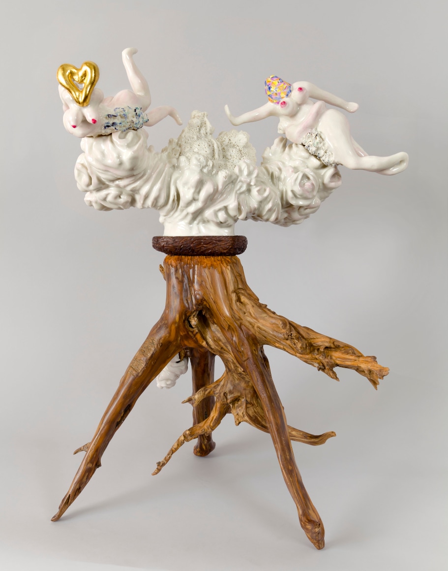 The Divine and the Mortal, 2012, Porcelain, tin-glaze, on glaze enamels, gold leaf, wood