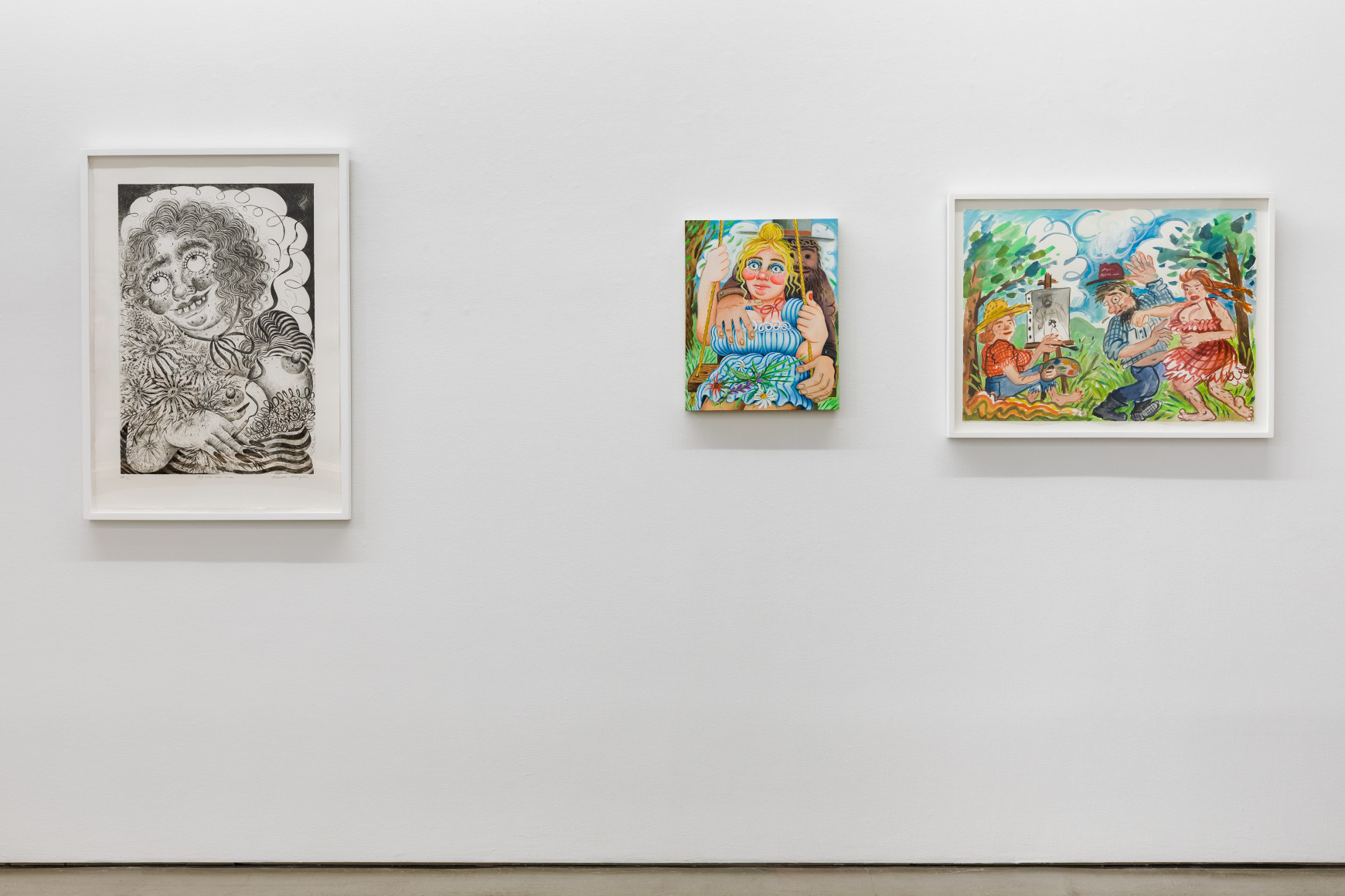 Installation view of "Town and Country" by Rebecca Morgan. Sculptures on a table and paintings and prints on the wall