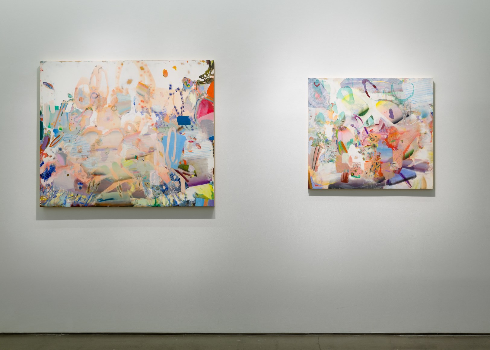 Installation image of Carolyn Case's solo exhibition. Two paintings line the gallery walls