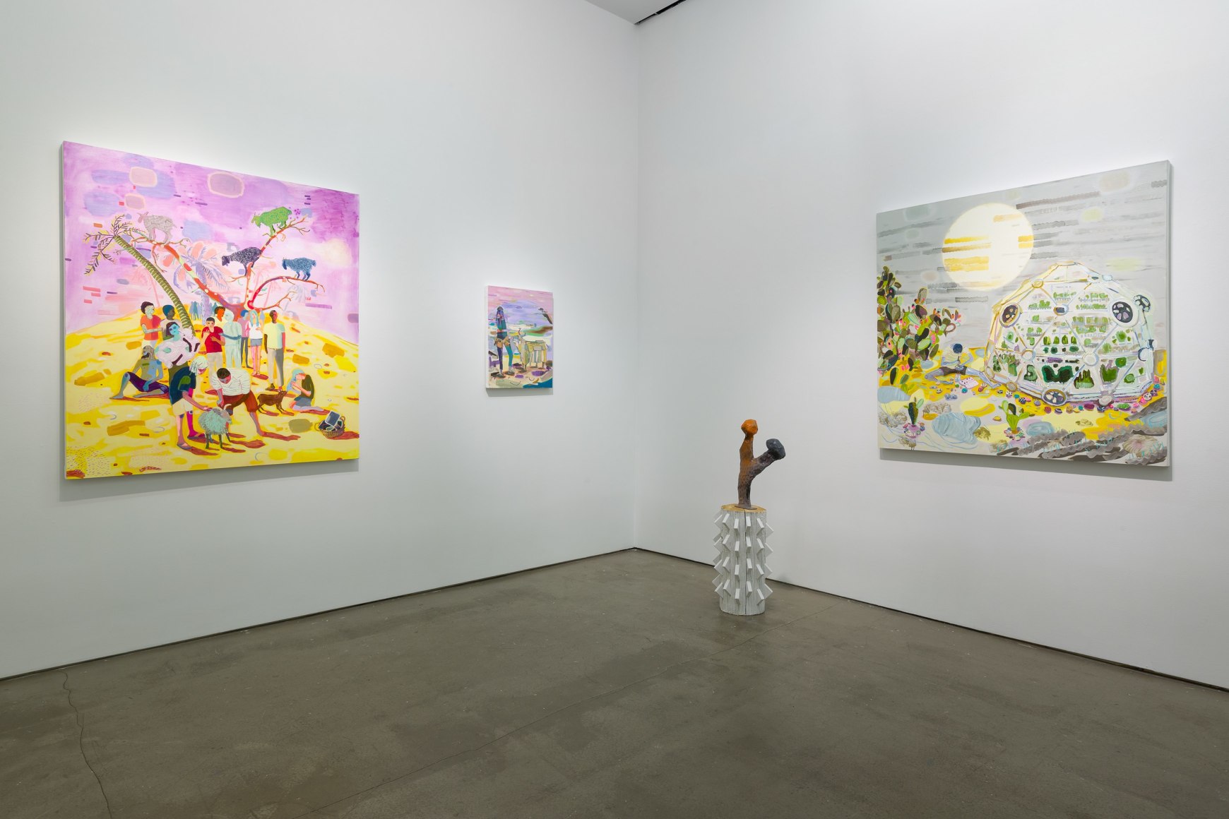 Installation view of Melanie Daniel's solo exhibition, featuring paintings and sculptures