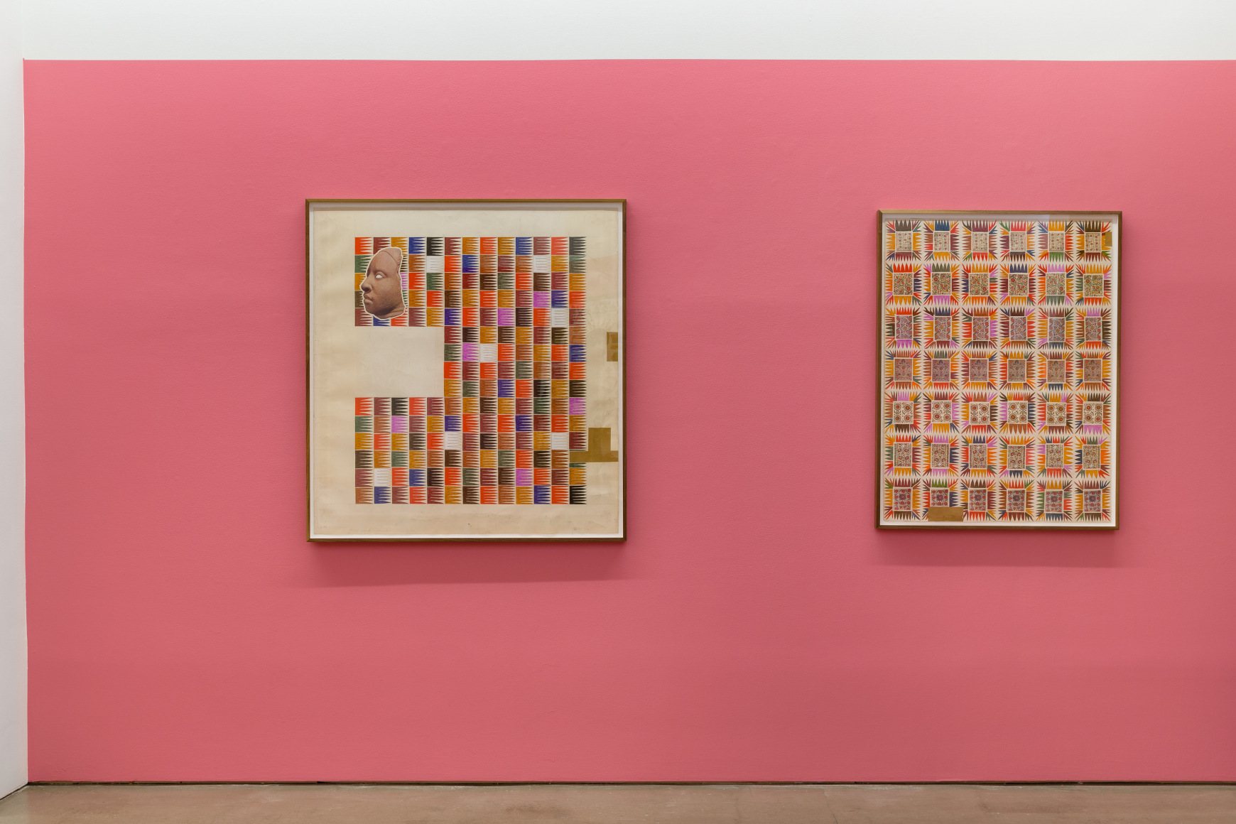 An installation view of Matthew Craven's solo exhibition, in which two framed collage pieces are hung on the gallery walls.
