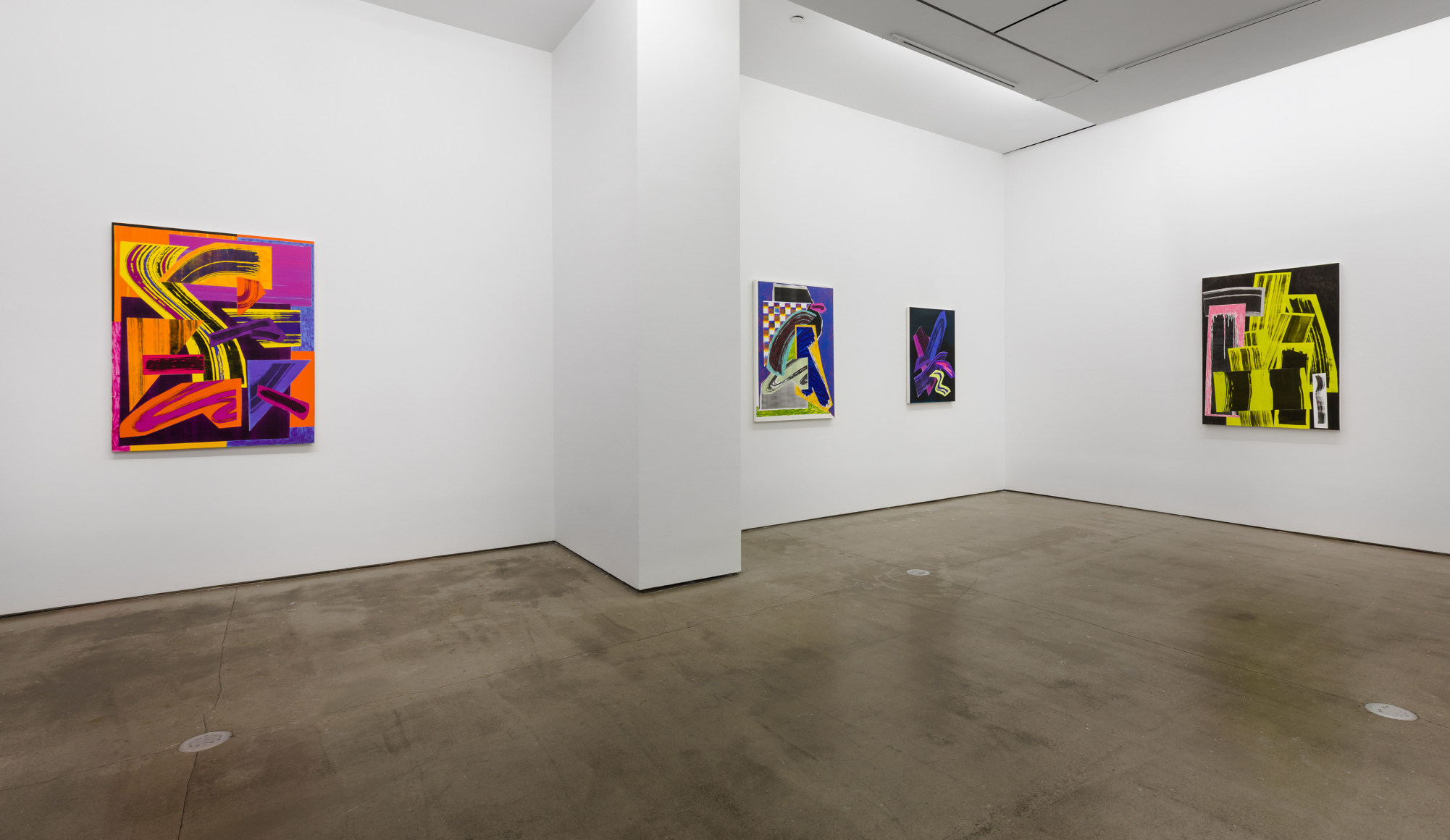 Installation view of paintings by Shane Walsh. Abstract paintings are hung in the gallery.
