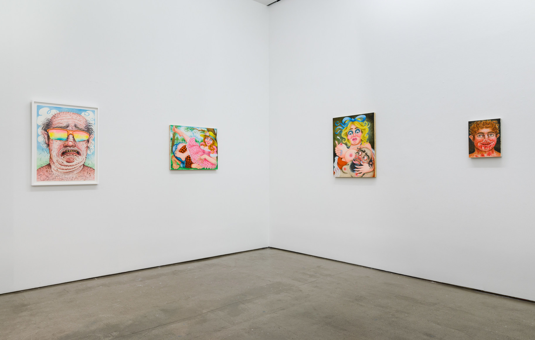 Installation view of "Town and Country" by Rebecca Morgan. Sculptures on a table and paintings and prints on the wall