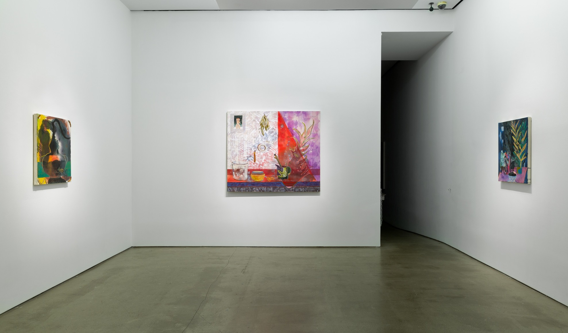 Installation view of Angelina Gualdoni's solo exhibition, showing paintings on the walls.