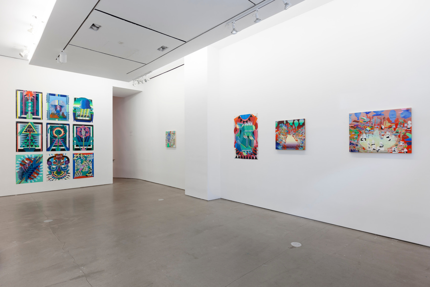 installation of paintings and linocuts