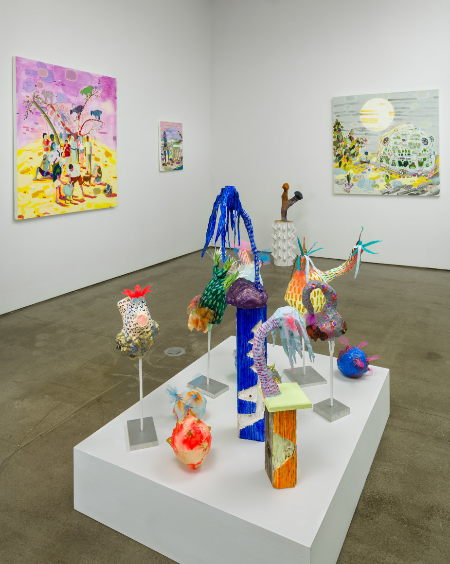 Installation view of Melanie Daniel's solo exhibition, featuring paintings and sculptures