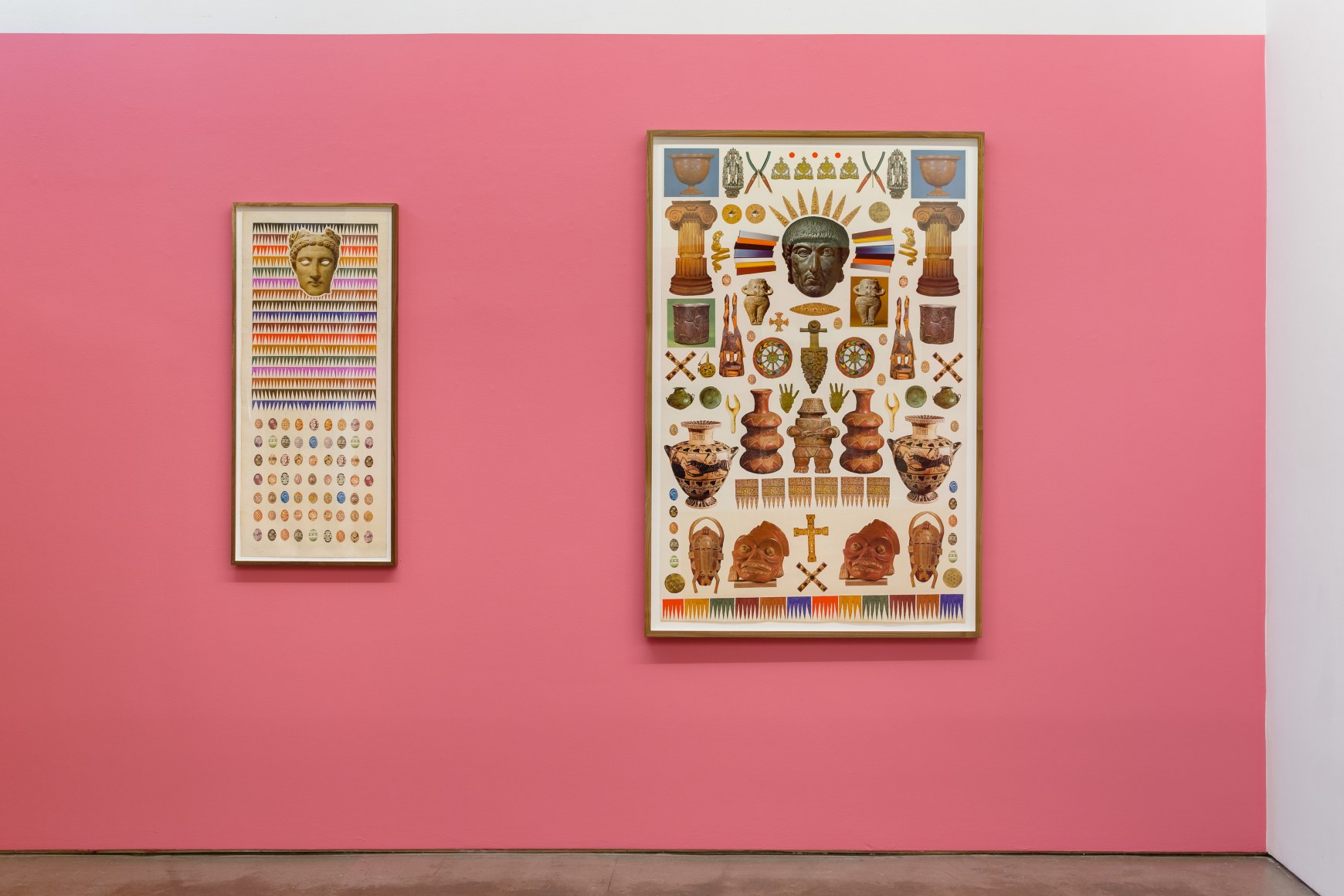 An installation view of Matthew Craven's solo exhibition, in which two framed collage pieces are hung on the gallery walls.
