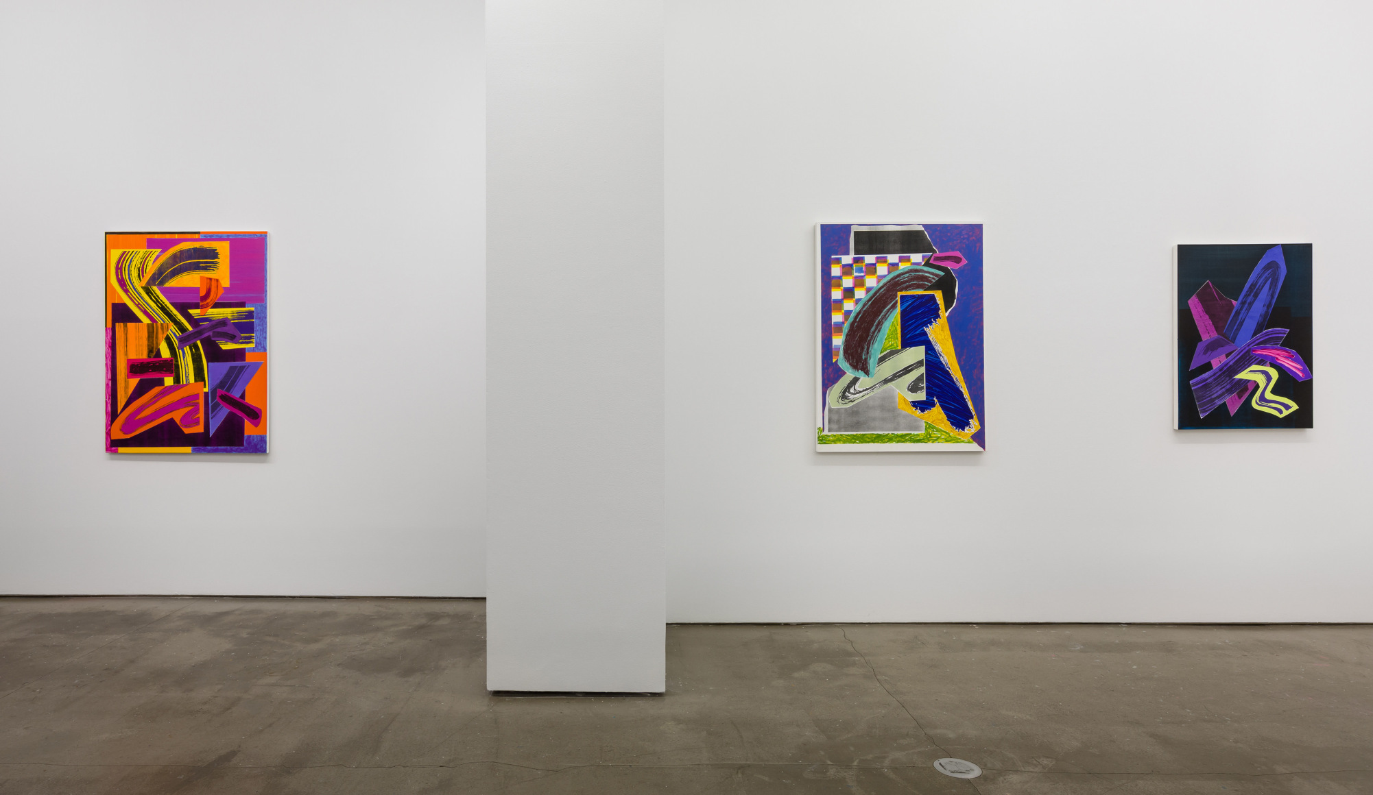 Installation view of paintings by Shane Walsh. Abstract paintings are hung in the gallery.