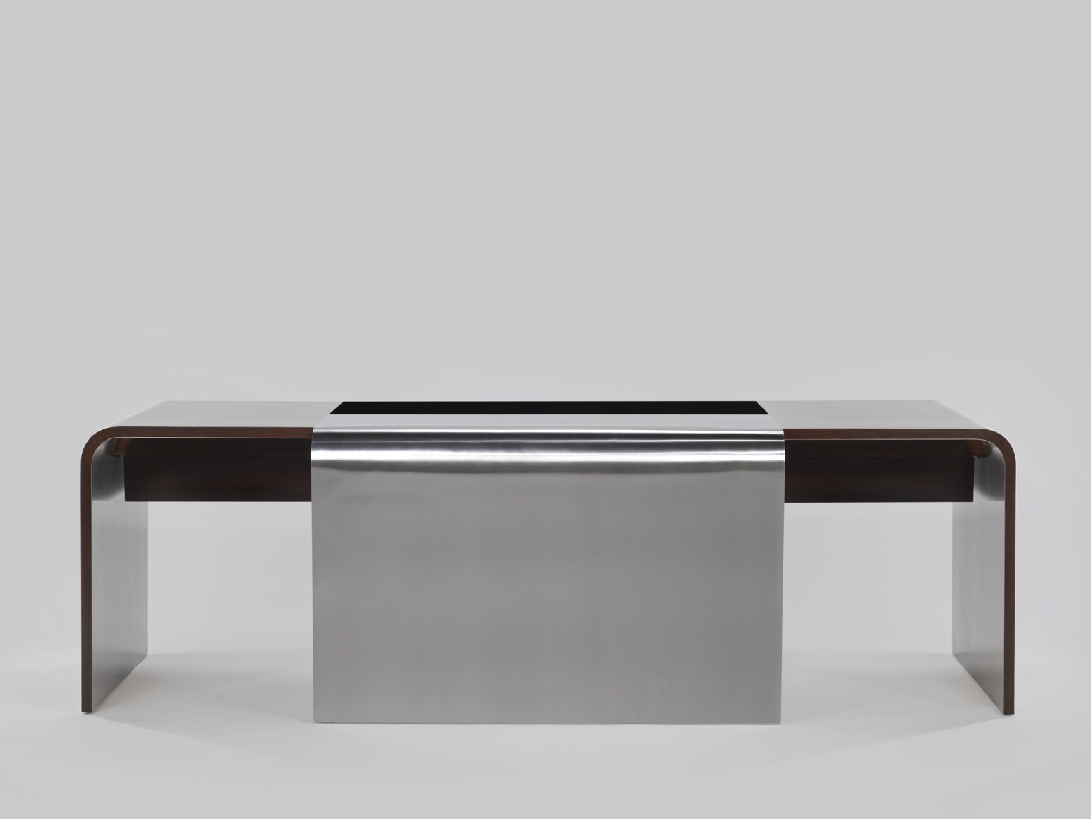 Front view of steel desk with wood drawers and lining