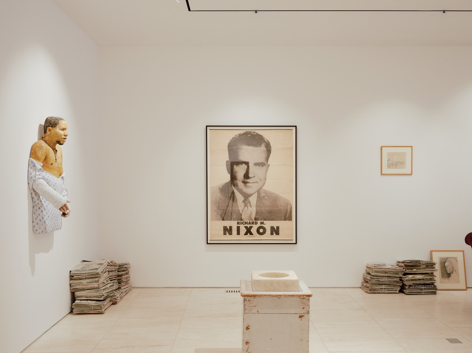 Installation view of the Robert Gober exhibition in the gallery. Various angles and artworks are captured in the frame.