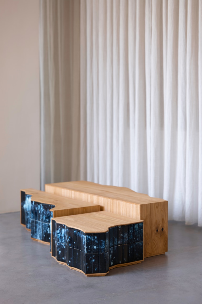 Noe Made in situ coffee table made with wood (oak) and tile.