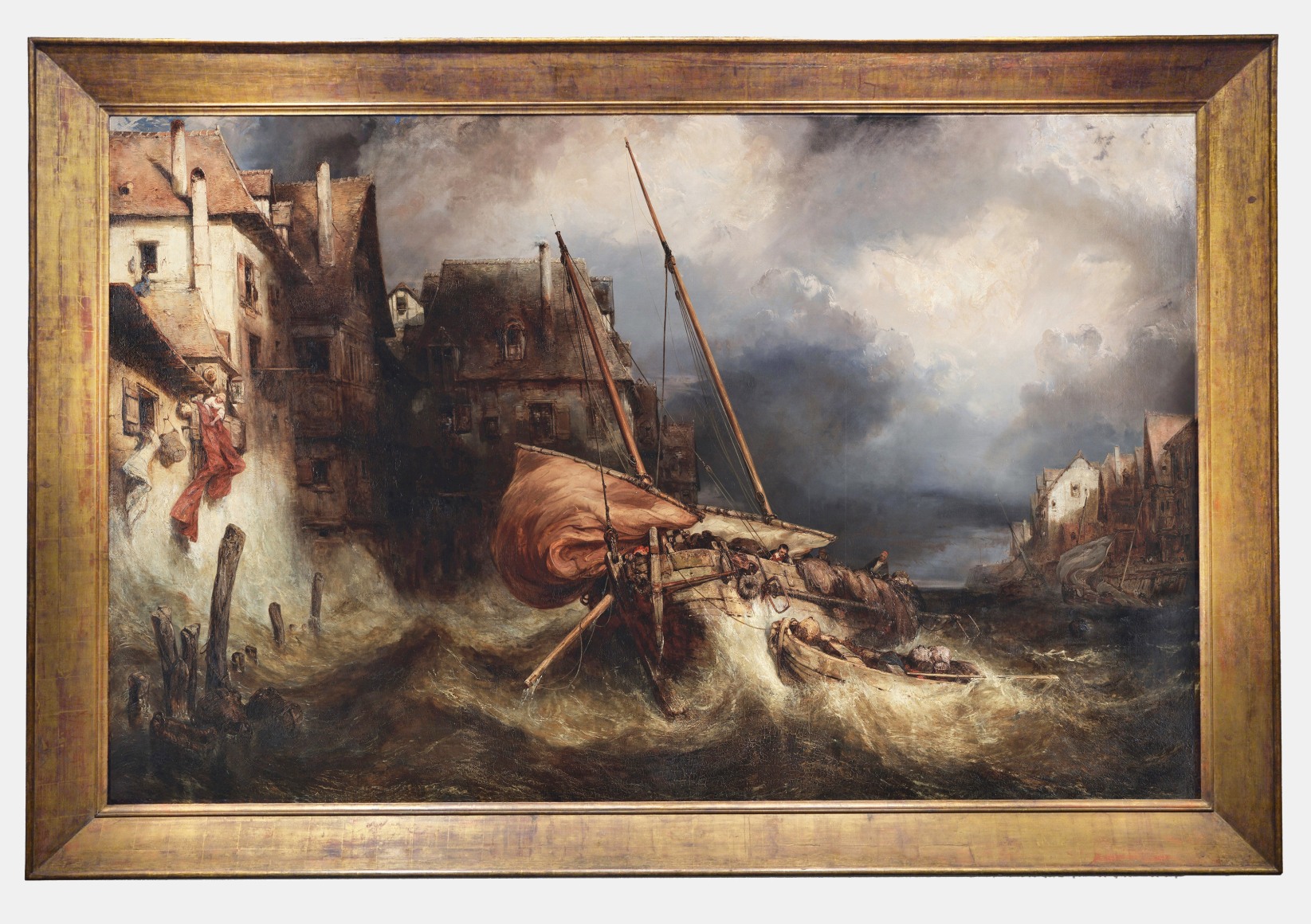 Framed image depicting seascape scene with lots of scenes going on within the oil painting.