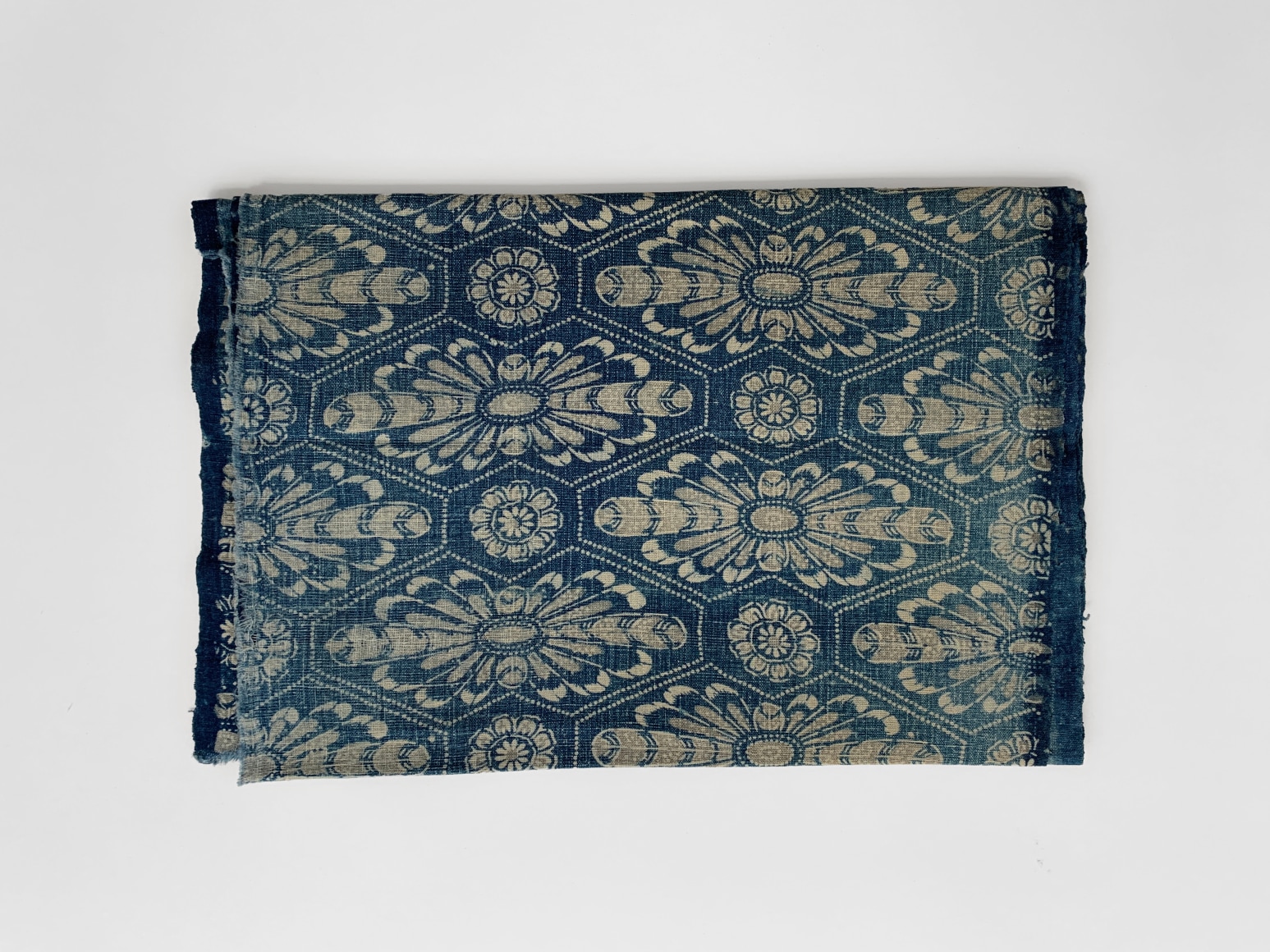 53 Katazome: stylized, elongated chrysanthemums, late nineteenth century, indigo dyed cotton and charcoal based dye