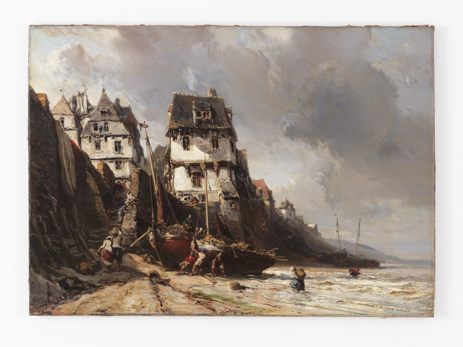 unframed oil painting of a returning fishing boat delivering goods to a seaside town