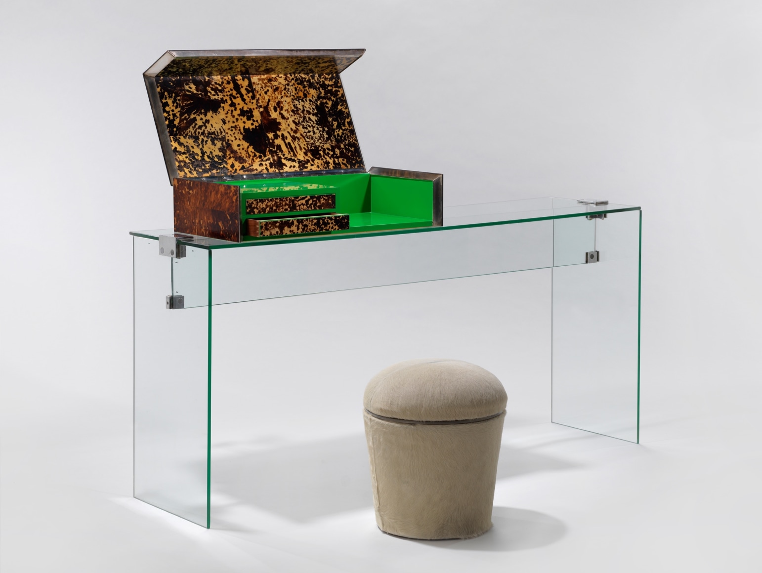 Jacques Dumond console vanity with a box on top. made of glass and has a stool that sits with it. green inside the box.