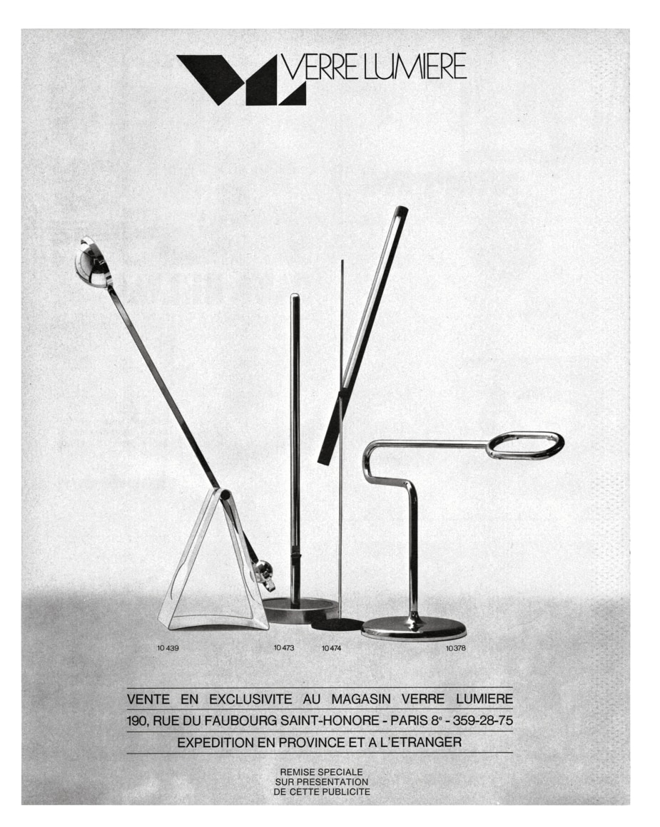 Archival black and white ad with thin metal adjustable lamps