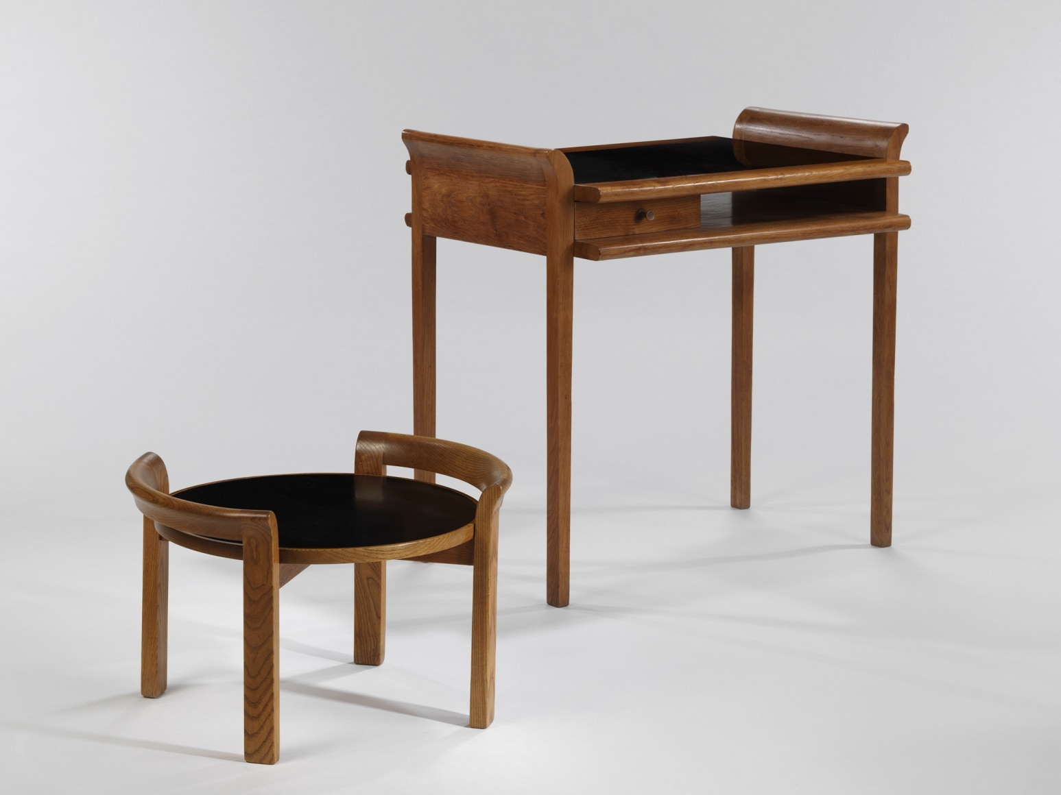 Wooden desk and matching low table with glass tops