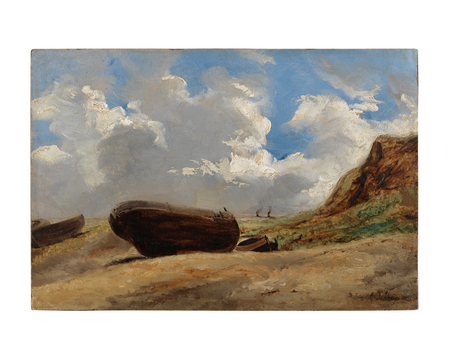 Painting depicting a field with blue skies and clouds.