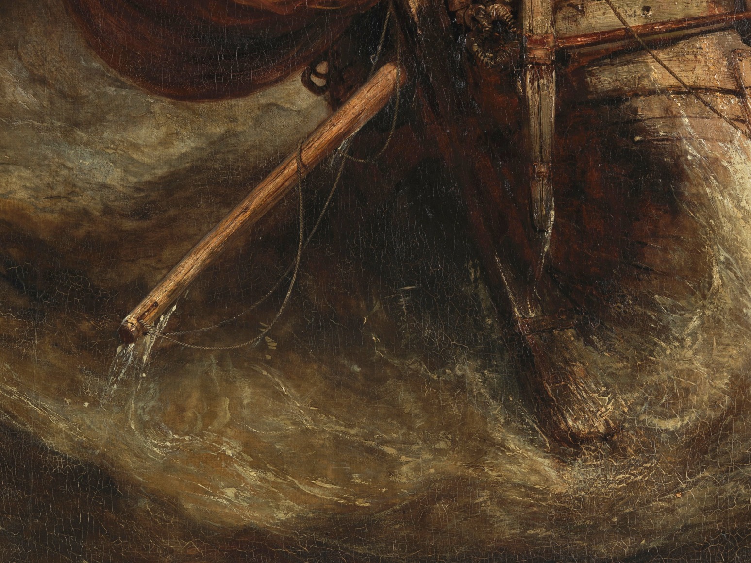 Painting depicting epic ocean scene with a boat near a town and people engaging in activity. Detail shots included.