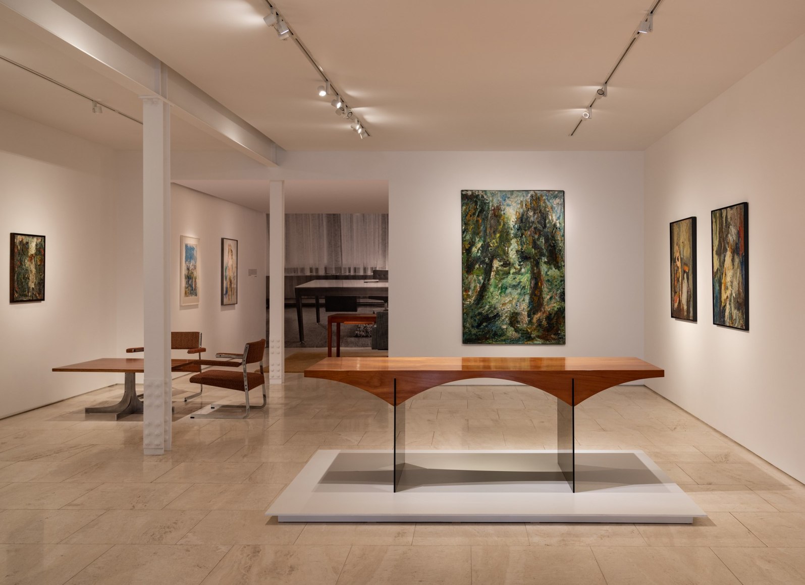 Installation view of the exhibition Dunkirk-Roubaix, Leroy works hang on exterior walls with Motte pieces on the floor of the gallery. Photo by Ori Harpaz
