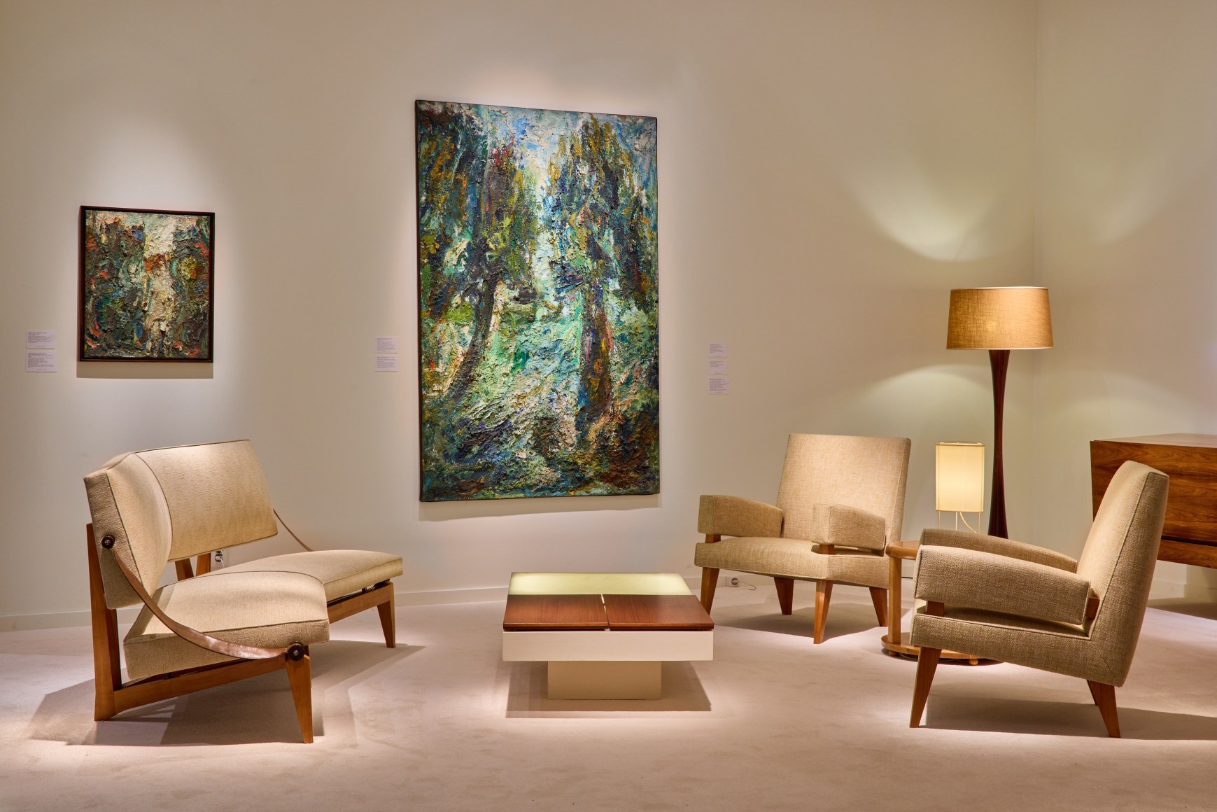 Booth view of Joseph-Andr&eacute; Motte furniture pieces, Eug&eacute;ne Leroy works at TEFAF Maastricht 2022
