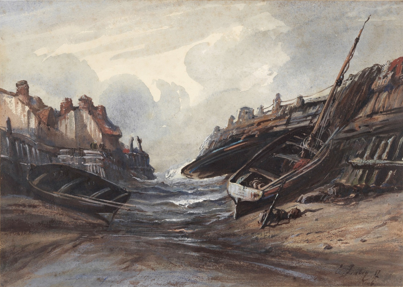 Scene depicting a boat in a river by Eugene isabey.