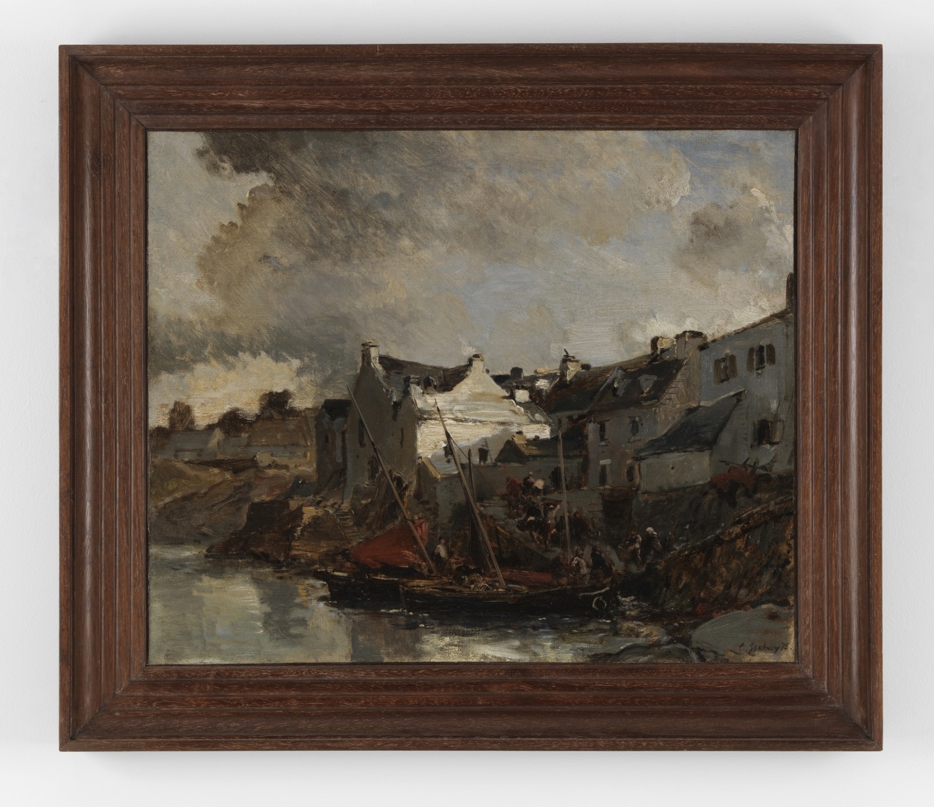 Painting of village by a seaside.