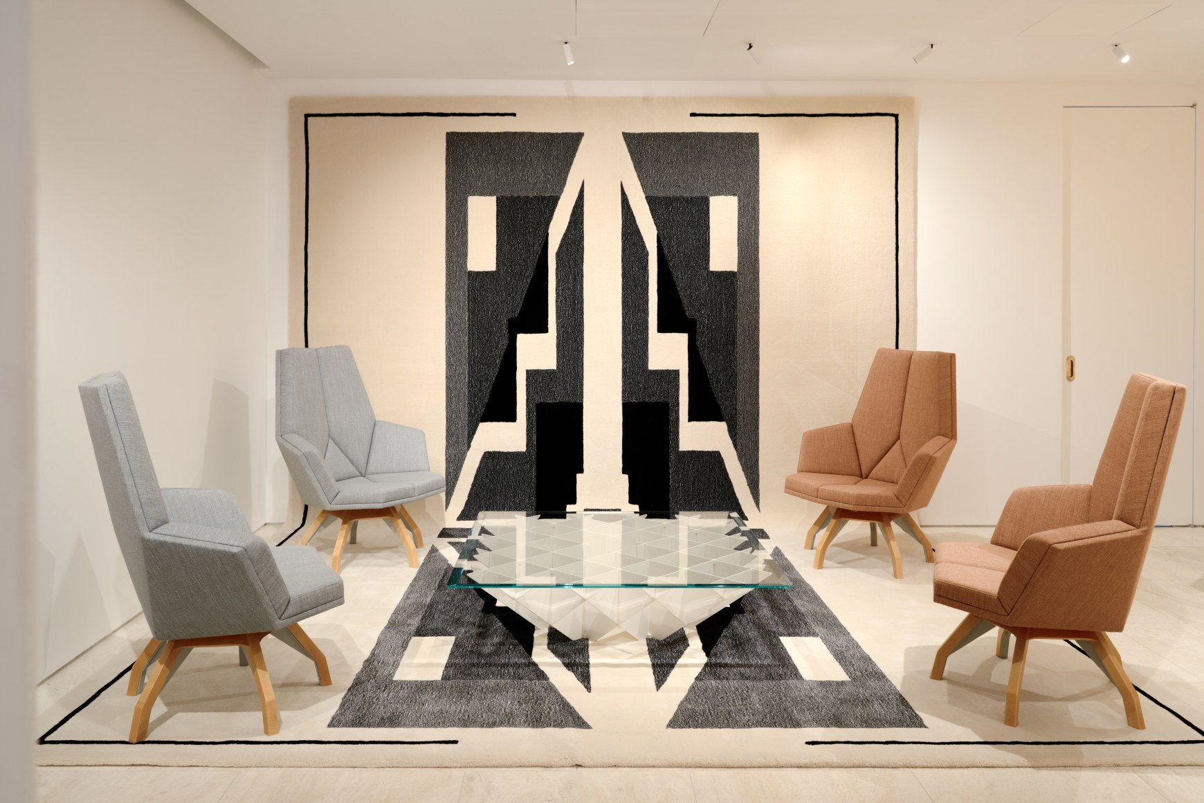 View of Paulin Cathedral Low Table in the gallery with glass top.