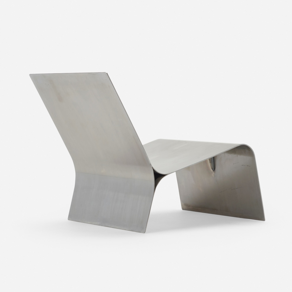 Folded chair by Maria Pergay in steel. Shot of chair from front on where you can see the entire chair.
