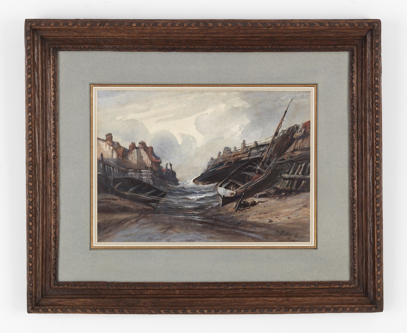 Scene depicting a boat in a river by Eugene isabey.