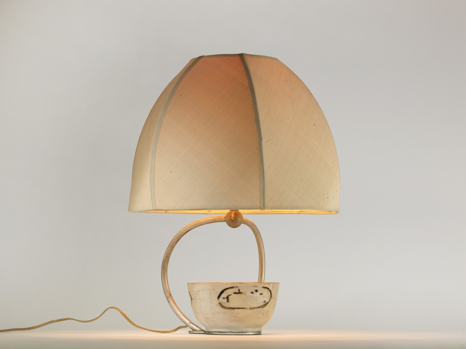 Lamp by Claude de Muzac in silk shade and ceramic base.