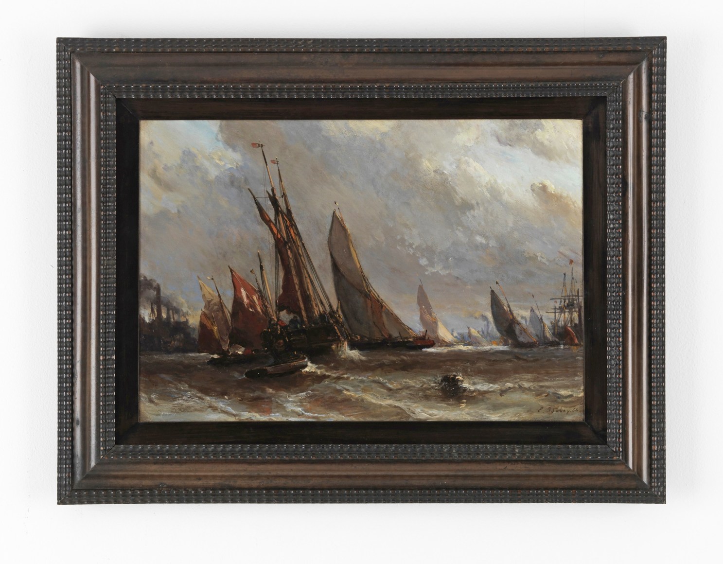 Painting depicting sea and boats in frame.