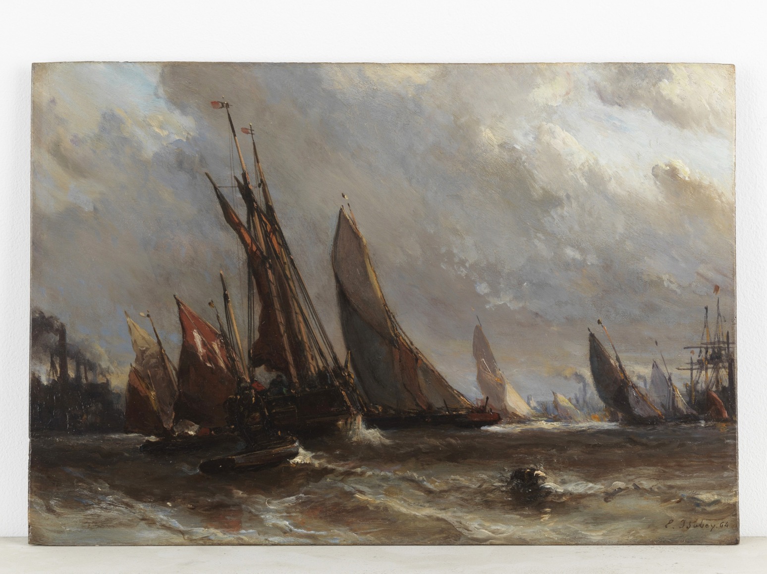Painting depicting sea and boats in frame.
