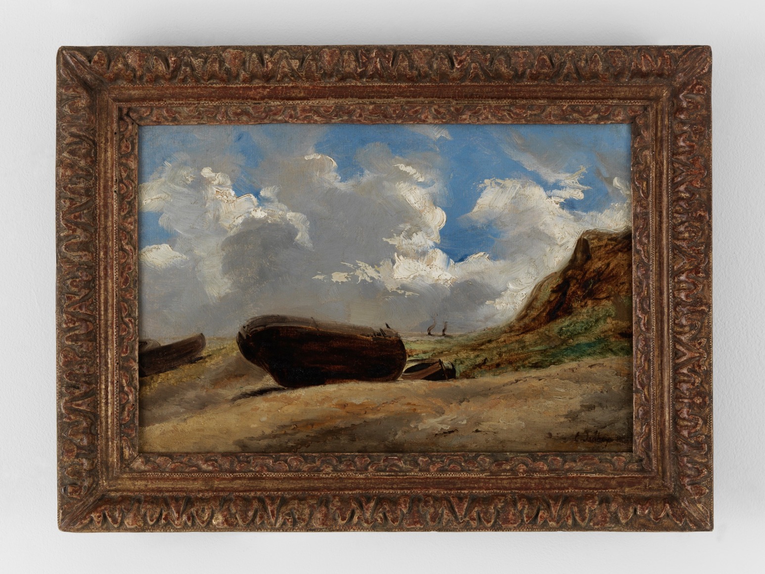 Painting depicting a field with blue skies and clouds.