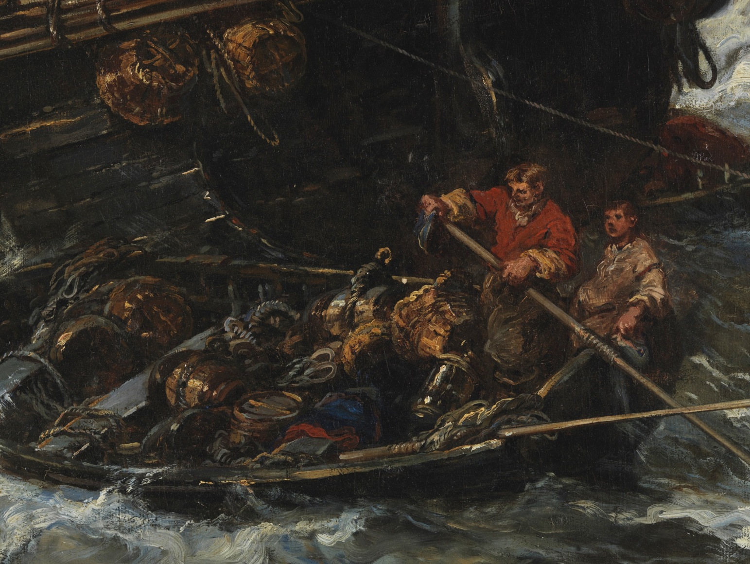 Detail close up of the painting depicting sailors on a boat and waves and rapid movement in the sea.