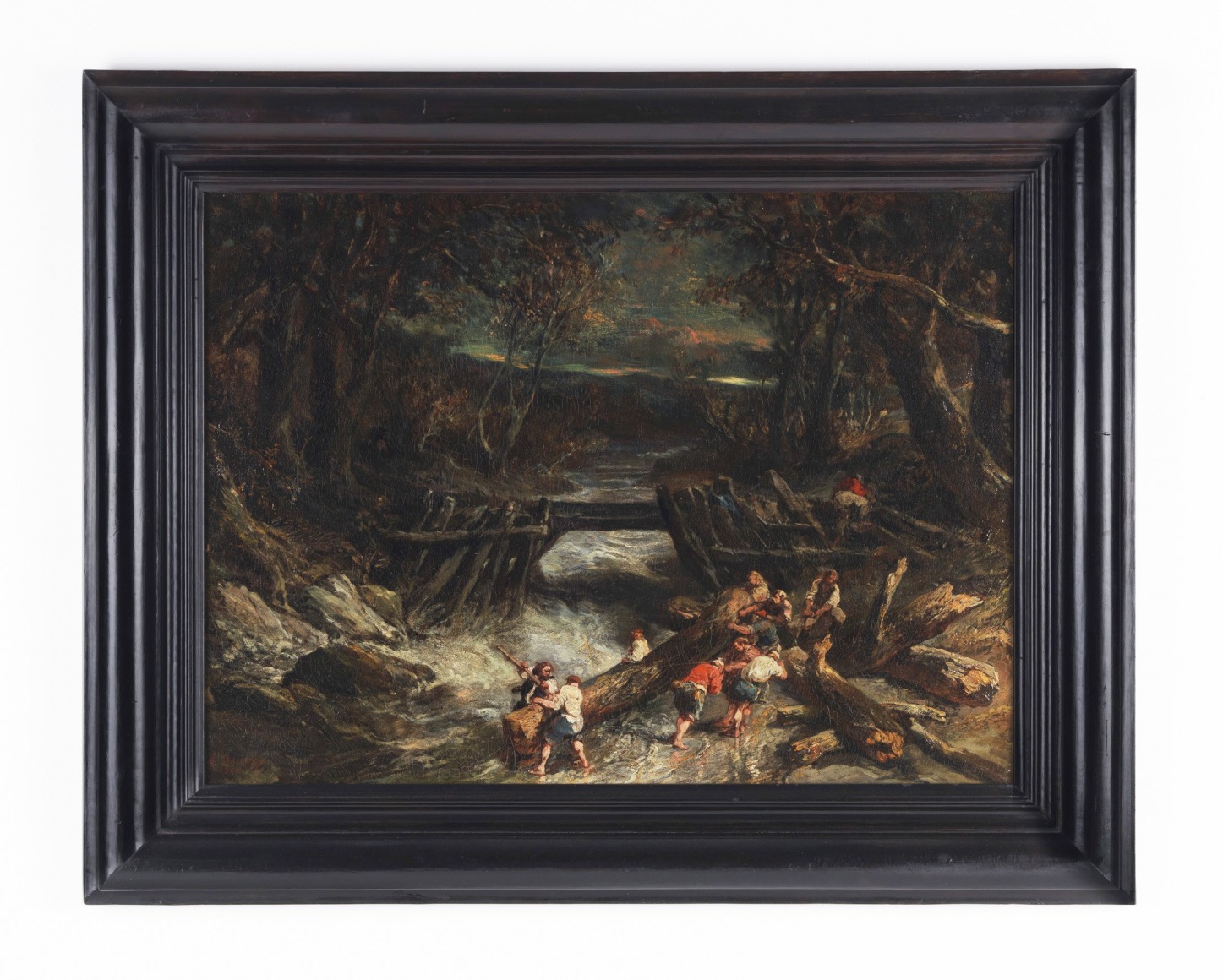 Framed oil painting depicting lumberjacks constructing a dam in a ravine.