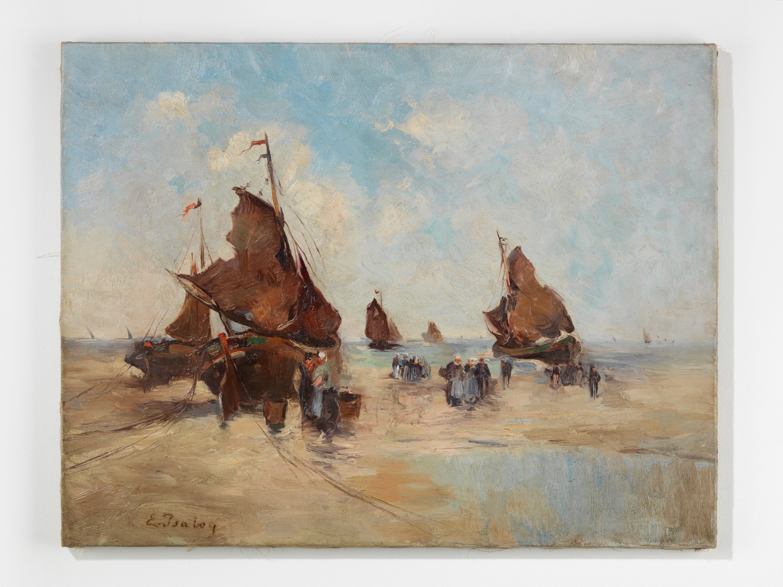 painting depicting boats with pastel colors.