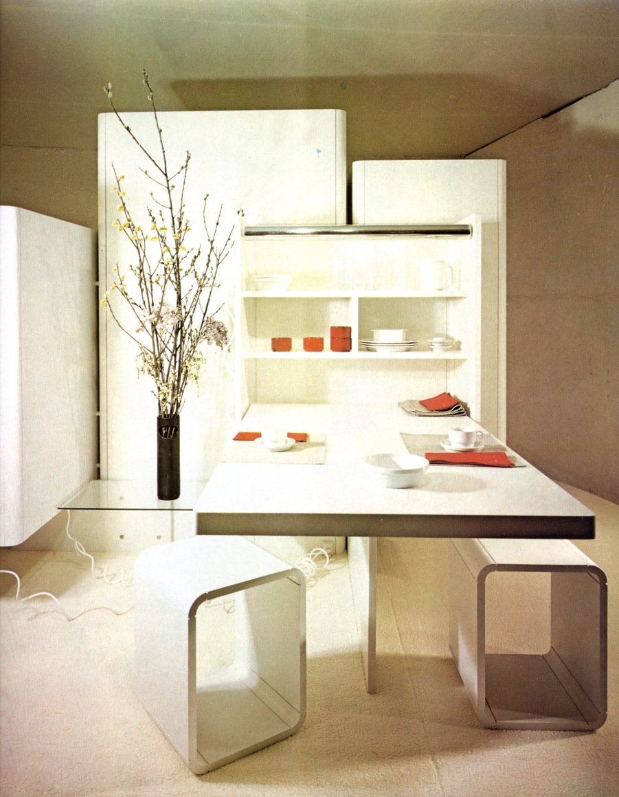 Archival photo of a modular system for all the elements of a complete living environment ed. Charron, 1969