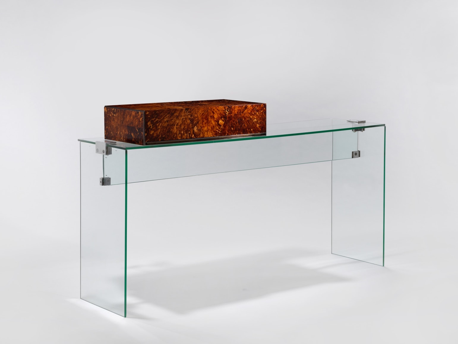 Jacques Dumond console vanity with a box on top. made of glass and has a stool that sits with it. green inside the box.