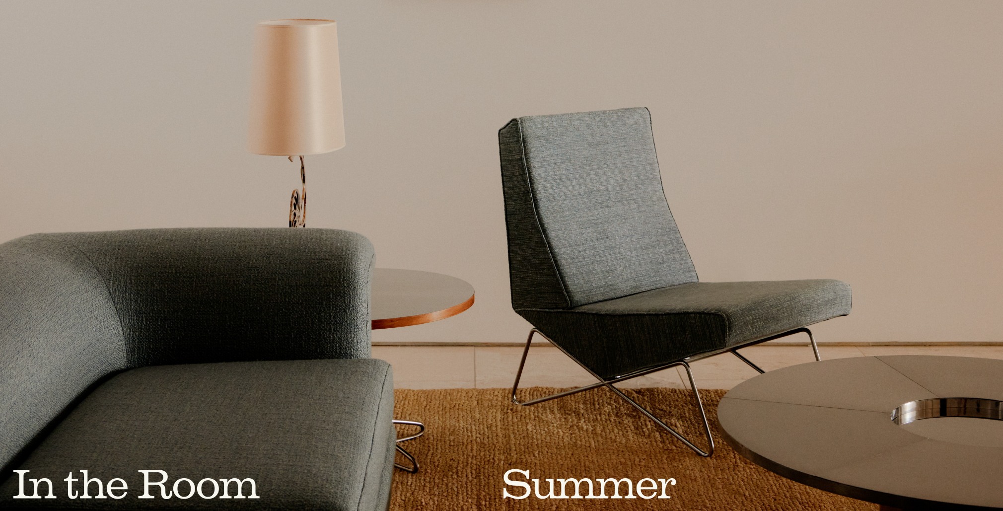 In the Room | Summer Part I Banner featuring low upholstered sofa and low upholstered armless chair