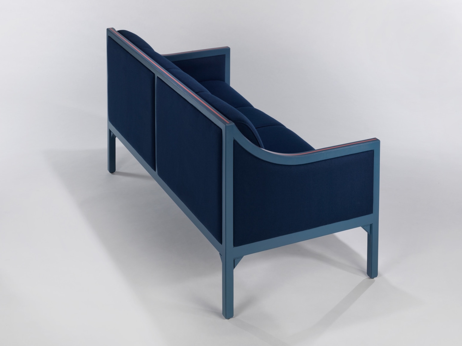 Back view of blue upholstered sofa by Pierre Paulin