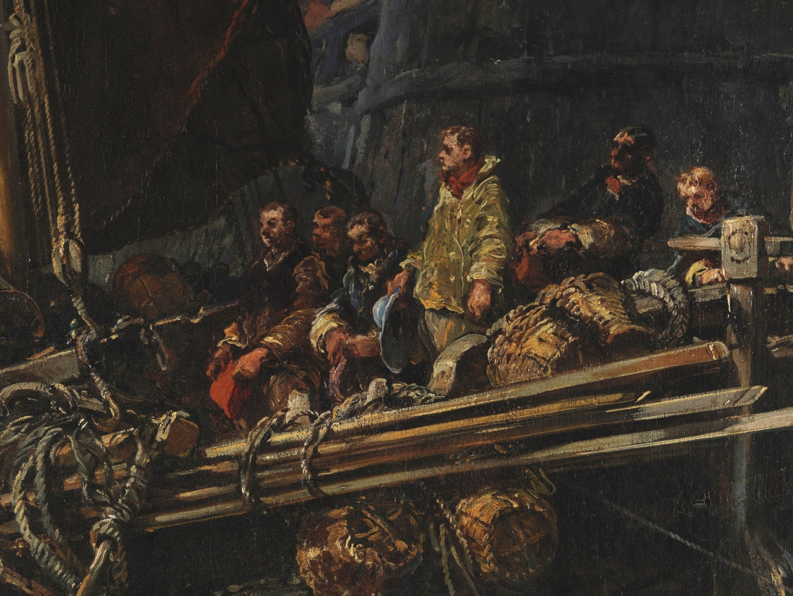 Detail close up of the painting depicting sailors on a boat and waves and rapid movement in the sea.