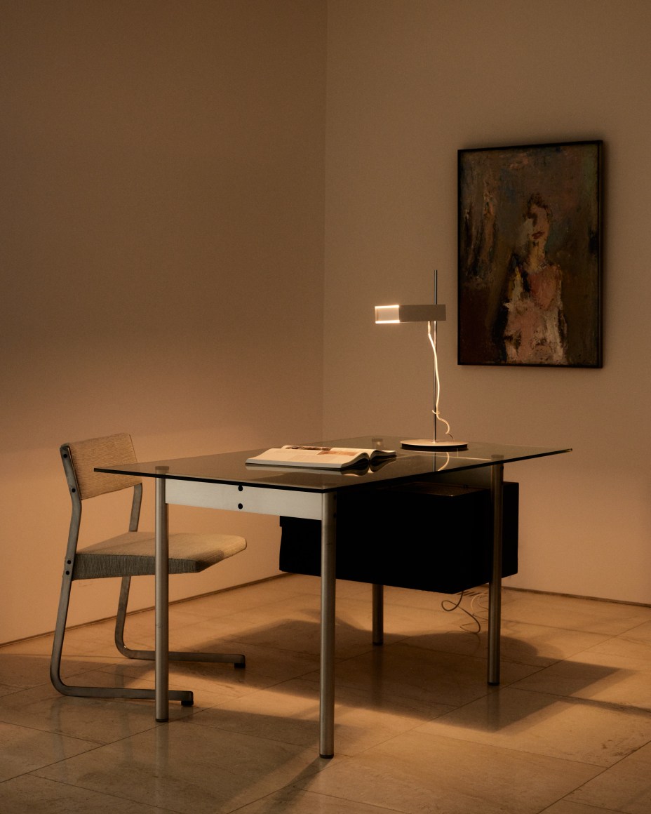 Low lit Étienne Fermigier desk with Joseph-André Motte's Rigel Chair and Étienne Fermigier F216 Desk Lamp