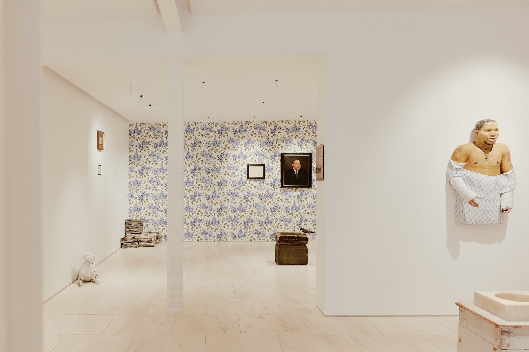 Installation view of the Robert Gober exhibition in the gallery. Various angles and artworks are captured in the frame.