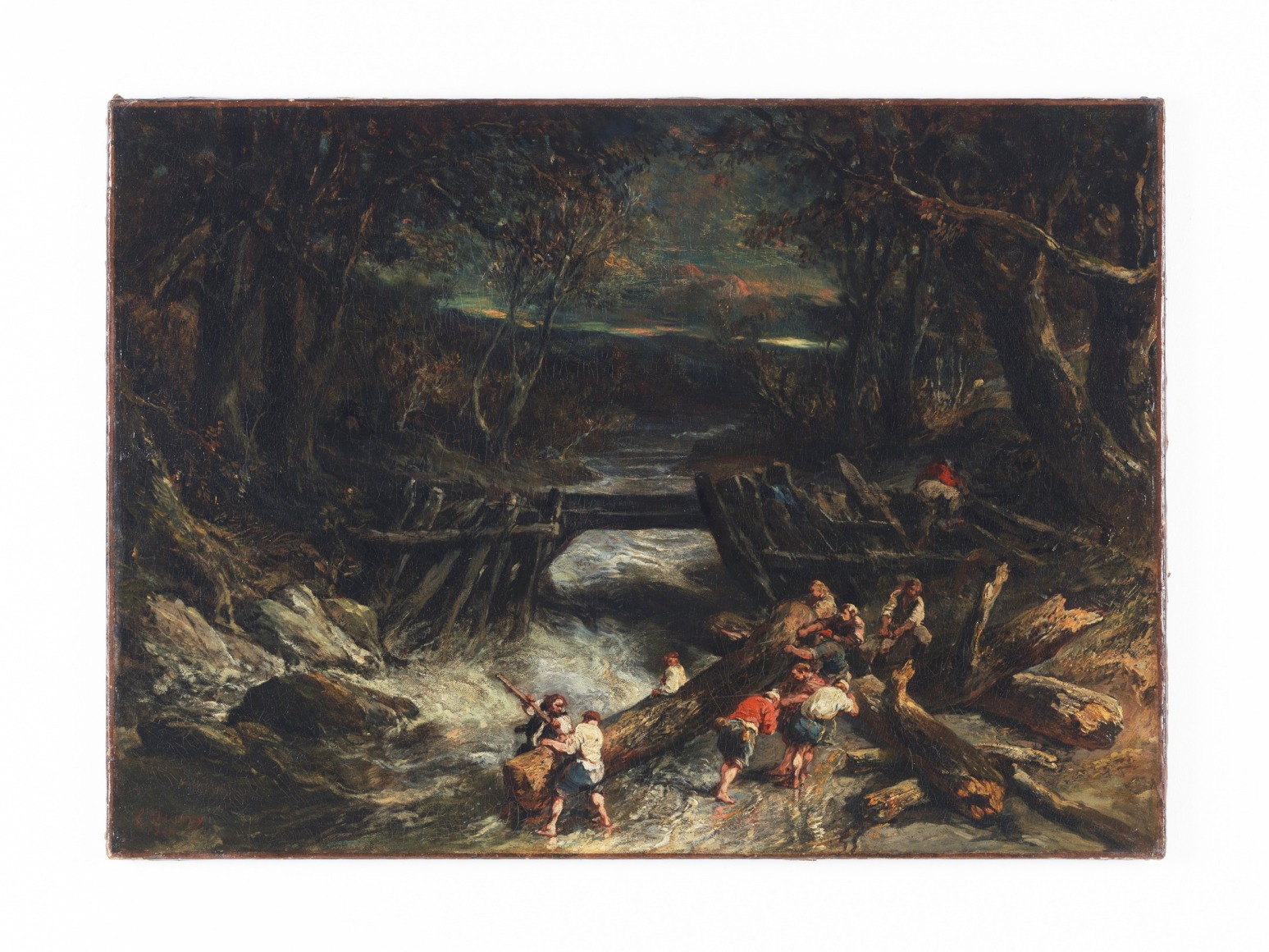 unframed oil painting depicting lumberjacks constructing a dam in a ravine