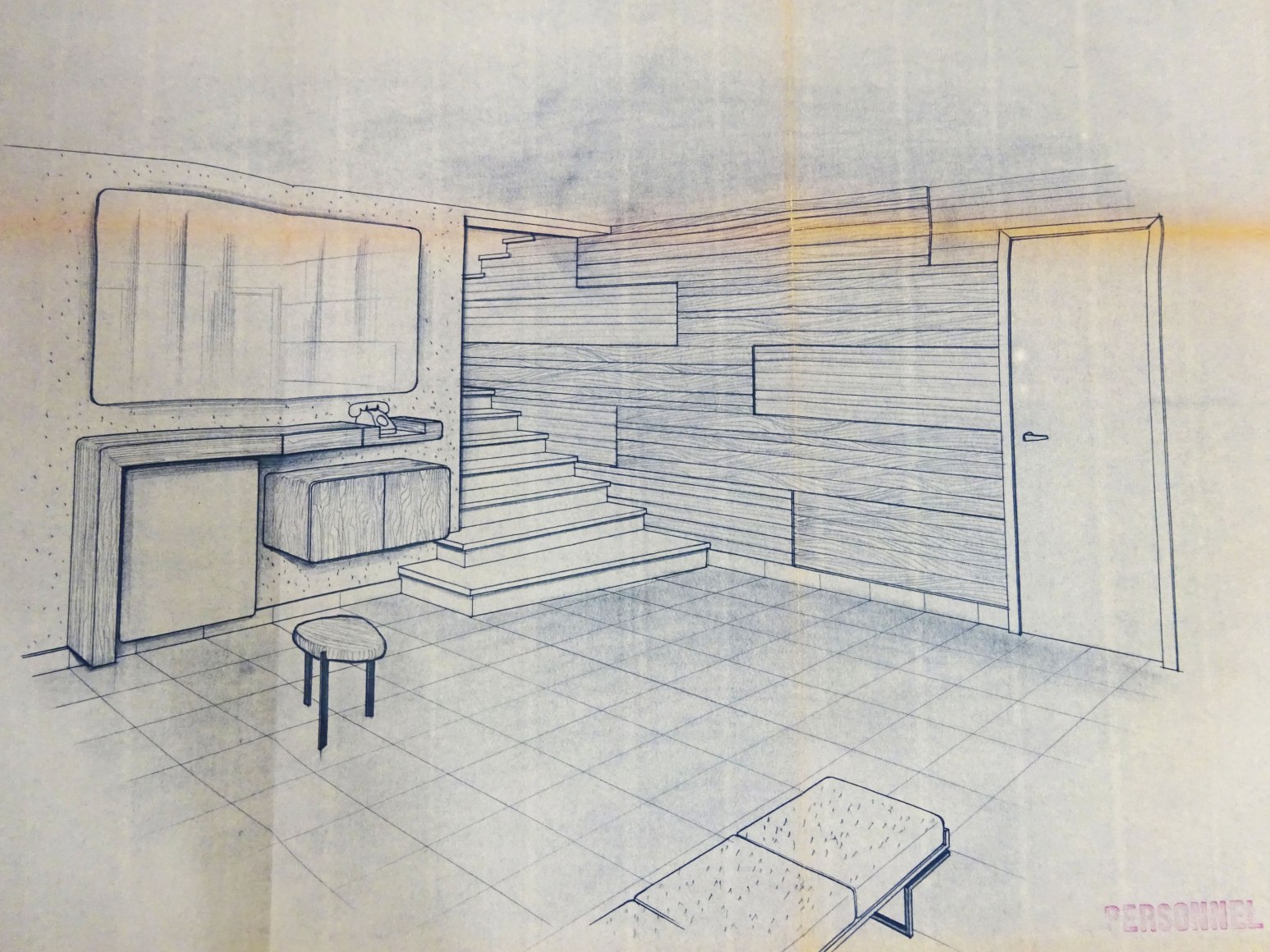 Drawing of an interior with Console with Mirror, 1961