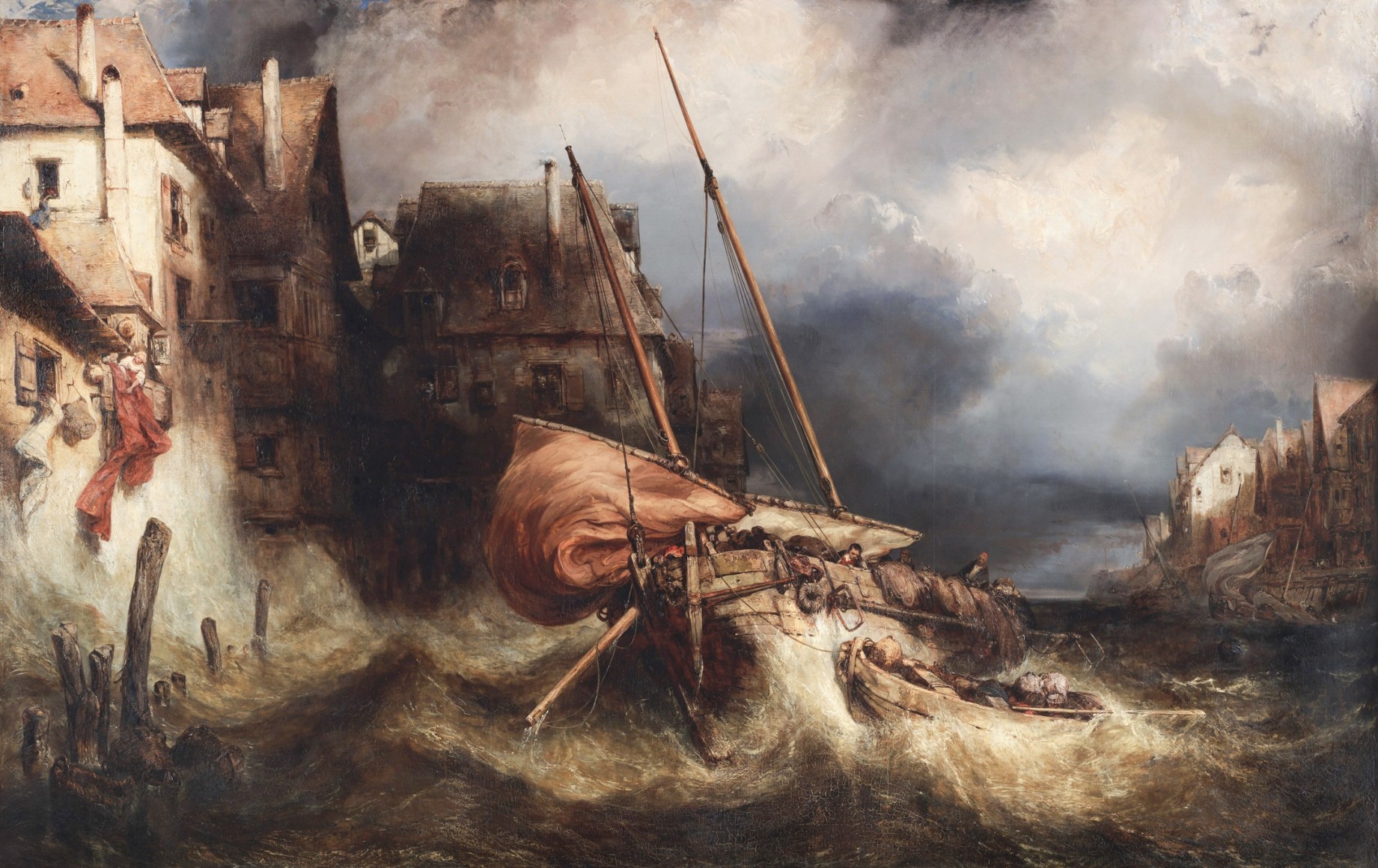 Painting depicting epic ocean scene with a boat near a town and people engaging in activity. Detail shots included.